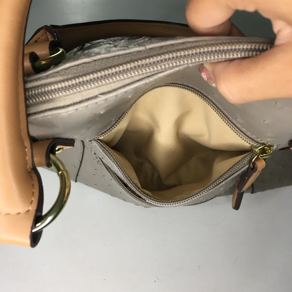 Taupe Ostrich & Tan Faux Leather Handbag